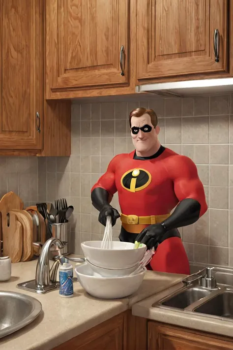 araffe in a red costume mixing a bowl of food