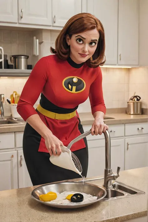 araffe woman in red shirt preparing eggs in kitchen with sink