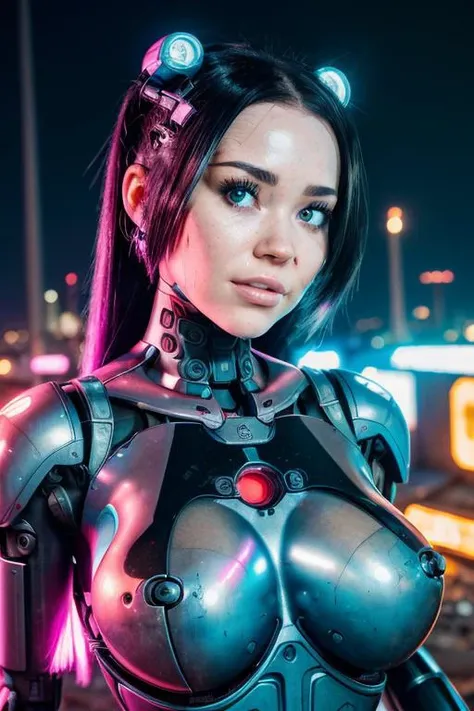 Photo of a broken once beautiful ruined cyborg woman m4r1s0ly0tt4 in a landfill, robot, body is broken with scares and holes,half the face is android,laying on the ground, creating a hyperpunk scene with desaturated details, colorful polaroid with vibrant ...