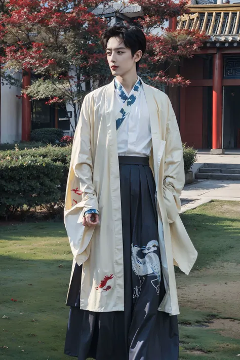 <lora:hanfu_nan-000013:0.6>, 1boy, solo, short hair, big eyes, (white/red/black/blue print robe), (yellow/blue/white/red/black long print skirt), (yellow/blue/white/red/black print shirt),(upper body),(standing),outdoors,(chinese style countryard),<lora:H...