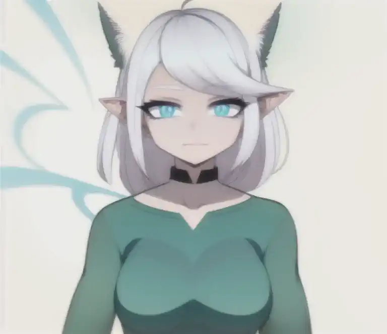 cartoon drawing of a woman with white hair and a green sweater, [[[[sonriendo malvado]]]], hembra fursona, chica de anime con ca...