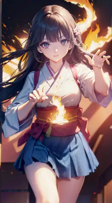 masutepiece、best composition、photorealsitic、((a japanese high school girl with pyrokinesis powers her palms into flames in anger...