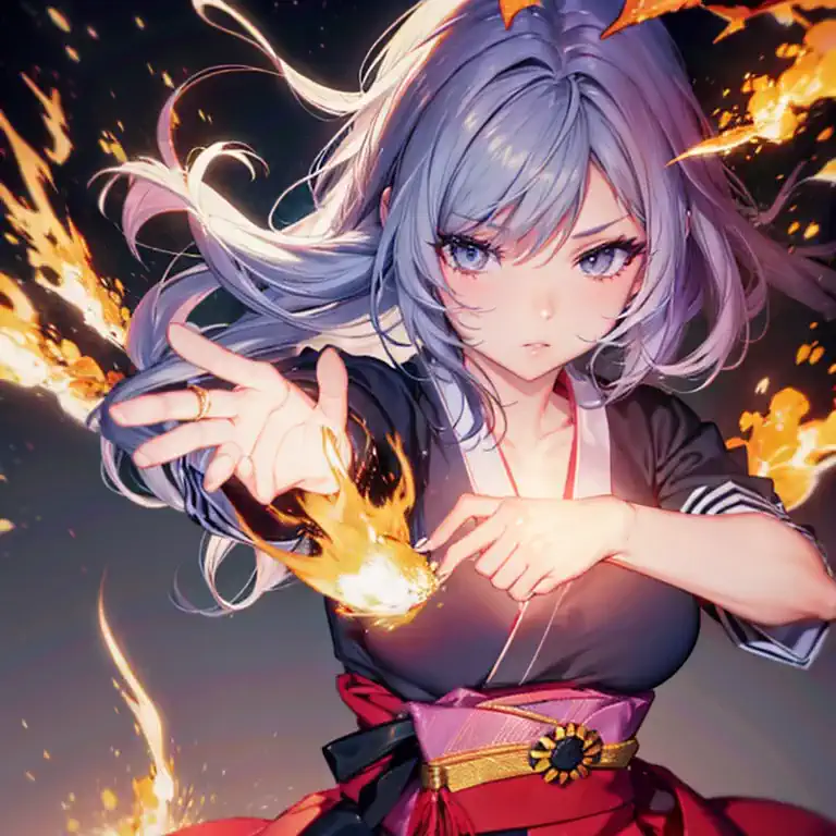 masutepiece、best composition、photorealsitic、((a japanese high school girl with pyrokinesis powers her palms into flames in anger...