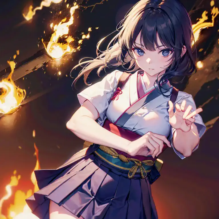 masutepiece、best composition、photorealsitic、((a japanese high school girl with pyrokinesis powers her palms into flames in anger...