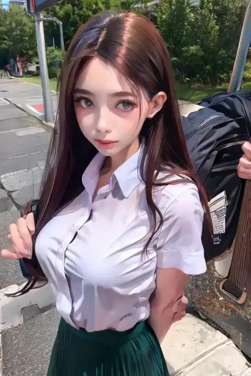 woman in school uniform with large breasts, green eyes, and long brown hair. turn around and look.., take wide screen photos.