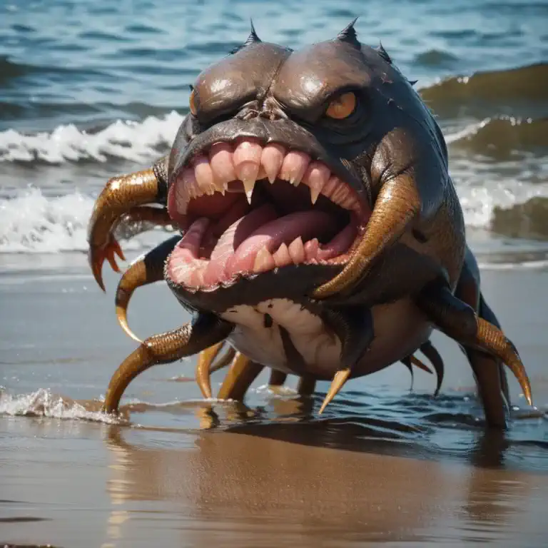 a scary monster is on the beach, it has the lower body of a crab and the head of a toothy fish. it is open mouthed threatening t...