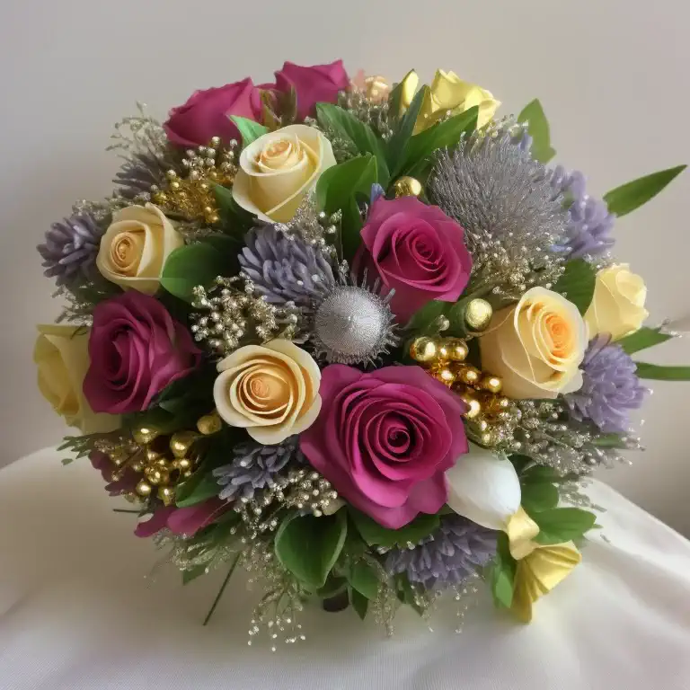 mechanical romantic style flower bouquet with silver and gold emotional mechanisms