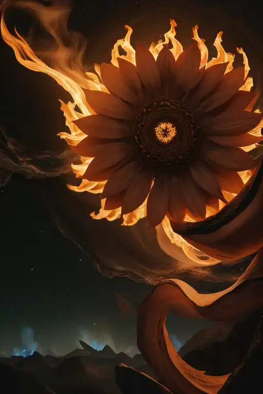 flame sunflower, lava, on fire, blazing flame, fantasy art, ultra-wide-angle, octane render, enhance, intricate, (best quality, ...