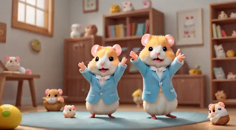 (hamster幼稚園),(dance),踊るhamster:chibi,kindergarteners,kindergarten background,children&#39;toys,wall decoration made by a child,c...