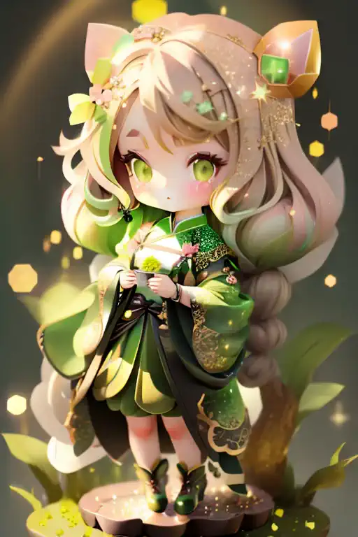 glitter effect,girl with, chibi、amber, , medium pastel, luxury fabrics,green dithering, far-reaching,looking at viewer、hanfu