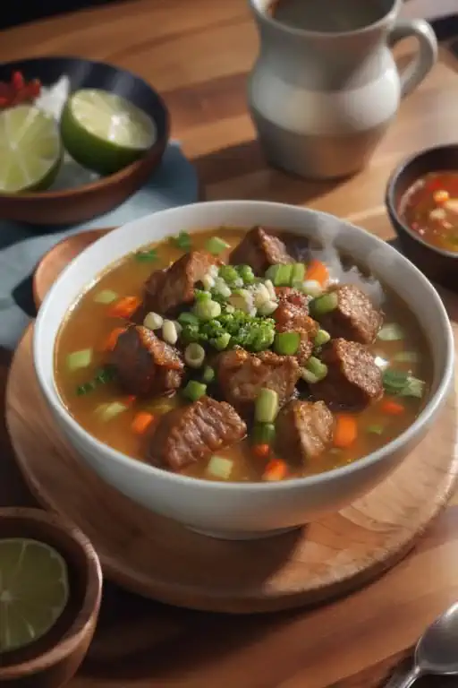 bowl of rawon with meat and salt egg and chili sauce on wooden table with lime, hot steam, photography, realistic,