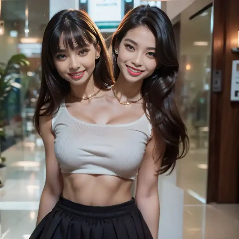 best resolution, woman with twoheads, 2heads, lisa jennie smiling blackpink, necklace, white croptop, black skirt, indoor backgr...