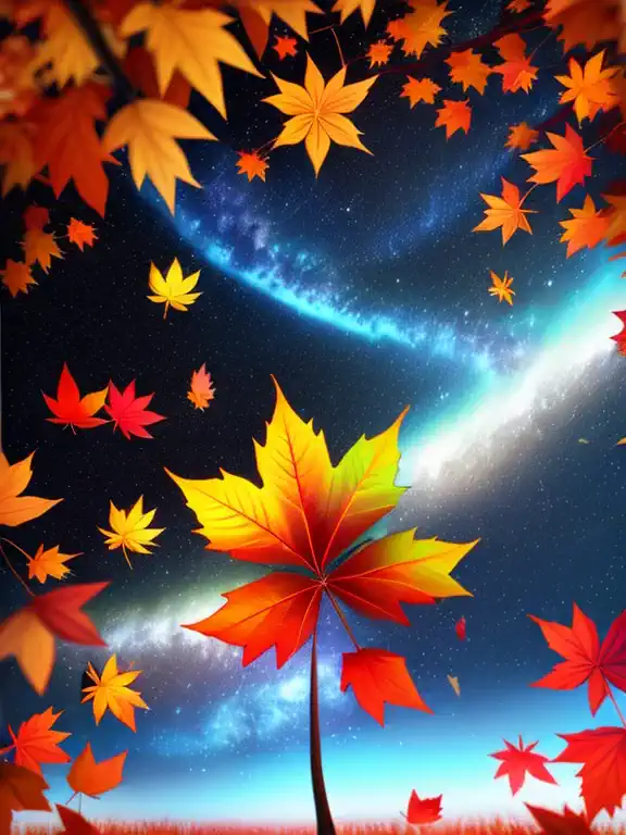 maple glowing leaves fall from the trees and the wind blows them away, the colors of the shining nebula, vfx film, marvel art, h...