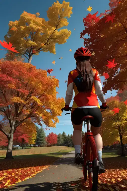 red yellow maple leaves, blue sky, autumn leaves tree, cycling girl, backview, surrounded by red maple leaves, red maple leaves ...