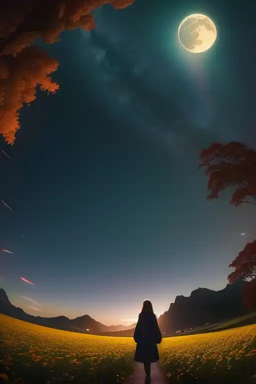 vast landscape photography（the sky above、below is a view of the field from below.）、a girl standing in a flower field and looking...