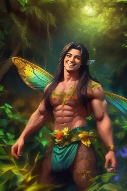 artwork, male fairy, muscular arms and legs, strong chest, long black hair, wings, shine, shine, in an enchanted forest, butterf...