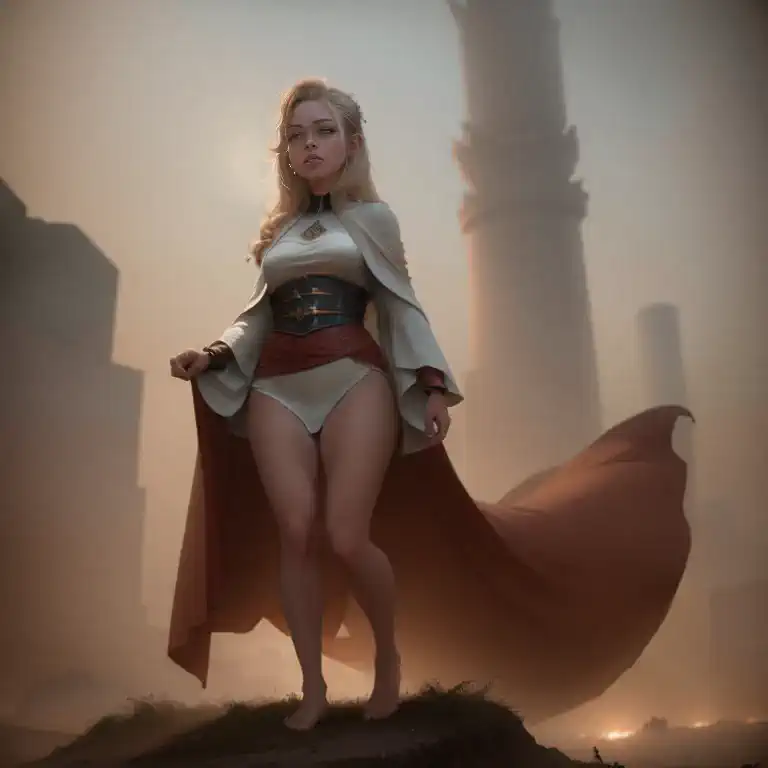 summoner barefoot female levitating with blonde hair, robes and arms of cloak raised on a broken earth, luz de lava brilhante de...