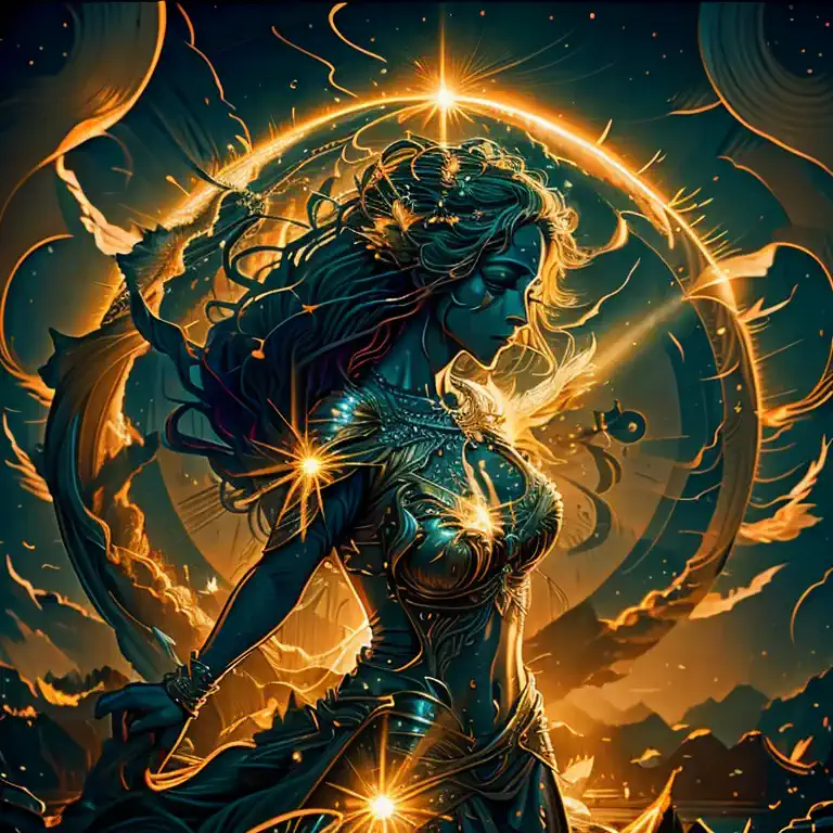 "create an animated sequence of a celestial woman embodying the essence of the sun. she is ethereal and radiant, with her form a...