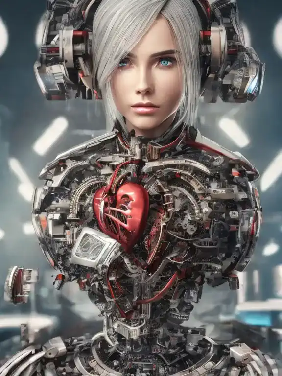 (dissection:1.3) of a (damaged:1.2) (machine:1.1) with white hair and beautiful detailed red eyes, she has a (mechanical heart:1...