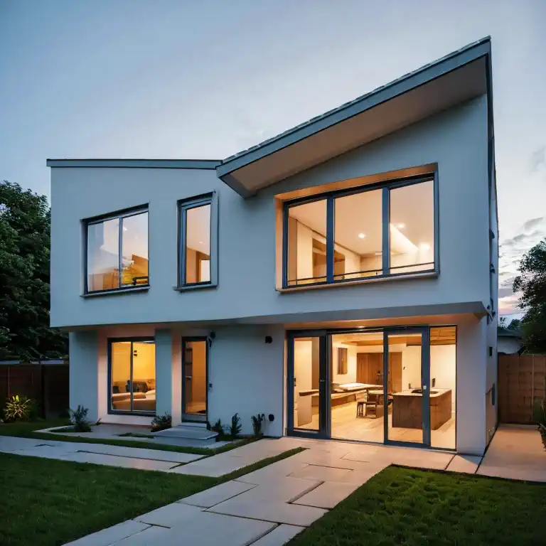 haus mit modernem design, beton, holz, putz, outside, fassade, modern, dusk, large windows, gartenansicht