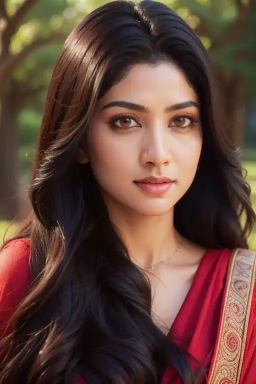 portrait of a confident-looking indian woman with long flowing hair, hazel eyes, with topless flowing capes, sitting in the park...