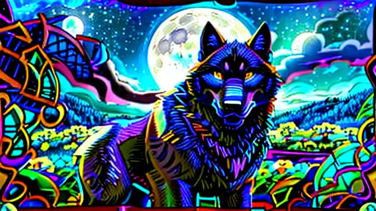 masterpiece, (best quality) , very detailed, ultra detailed ,(alone), meadow , beautiful black wolf, blue eys , friendly, night,...