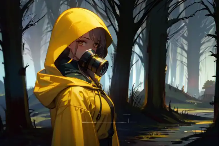 (masterpiece), best quality, 1girl, girl in a yellow raincoat entering a fantasy village surrounded by a dark spooky forest, gas...