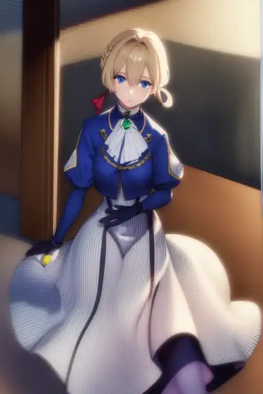 violet evergarden、violet evergarden、blonde、blue eyes、hair ribbon、bow knot、short hair、braid、braid、red ribbon、mature woman、ブレイクブルー...