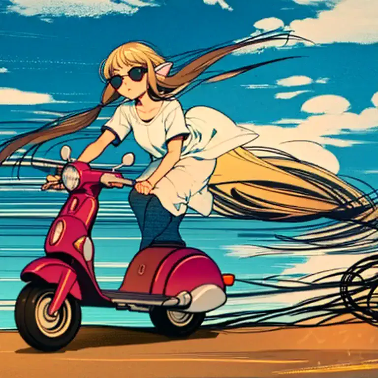 1 girl, mermaid, riding a scooter, sunglasses, highway, ride along the coast