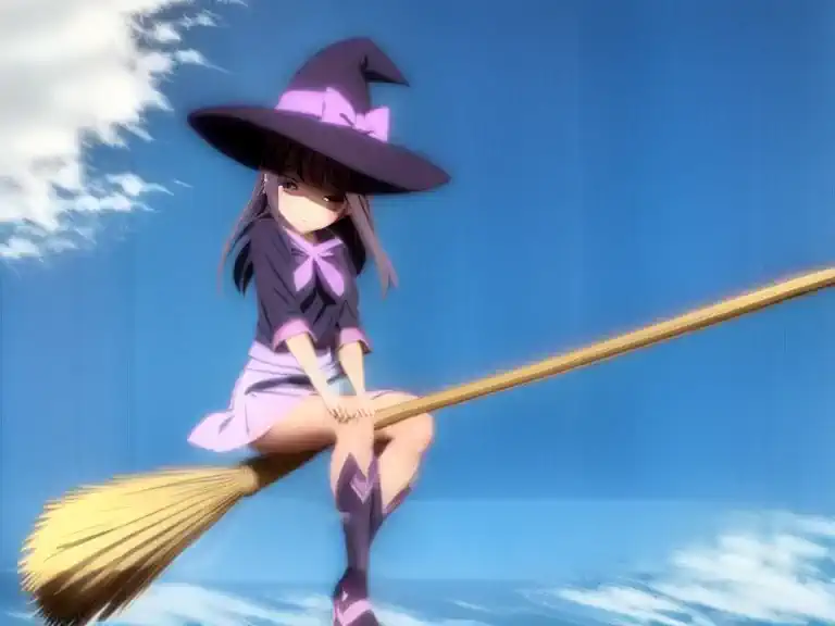 空飛ぶbroomレース, magical girl, witch hat, broom, broom riding, sitting, straddle, straddle the broom, 雲を疾走するmagical girl., from the ...