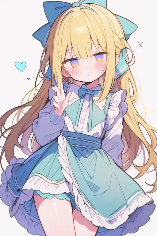 (alice in wonderland:1.2), 1 girl, blonde, hair ribbon, cute, cute, (blush), no expression, open your mouth, thigh, simple backg...