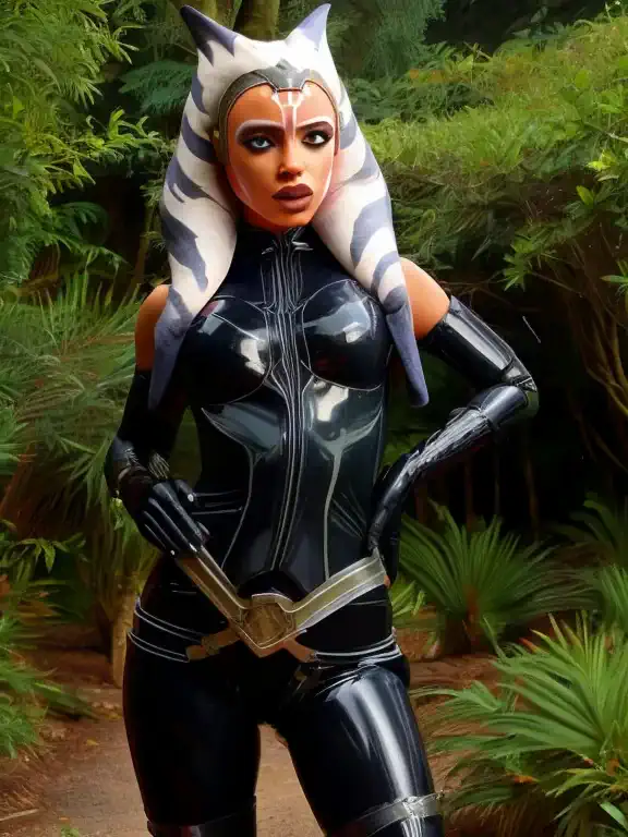 ahsoka,r, cape, latex armor,black latex gloves,tight latex bodysuit,black latex cape,black pants, break close-up, solo, standing...