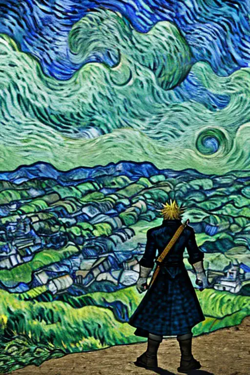 final fantasy 7 vii cloud looking at shinra buster sword famous picture van gogh style