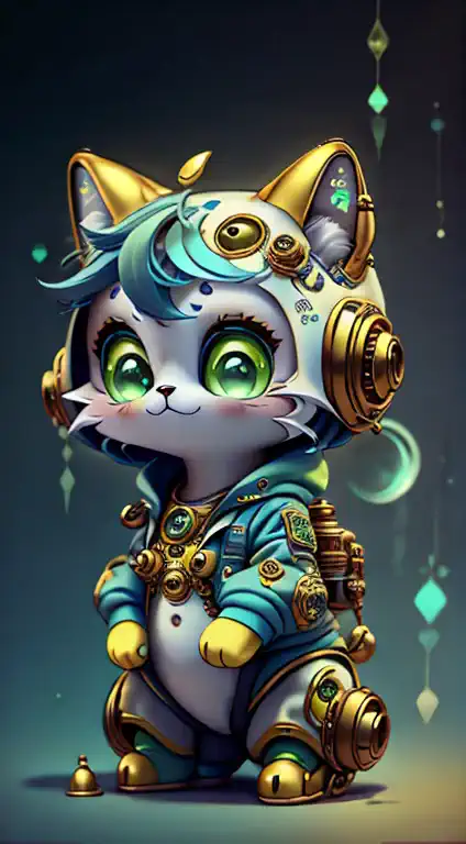 a mini cute surreal futuristic mechanical cat wearing a blue jacket. golden skin. cinematic, super detailed, white gradient back...