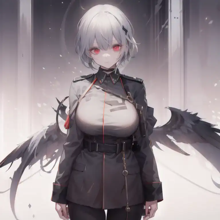 white~hair between gray. black bridge. red eyes. cold impression. colorful military uniform,short hair , huge_breasts , tall, sh...