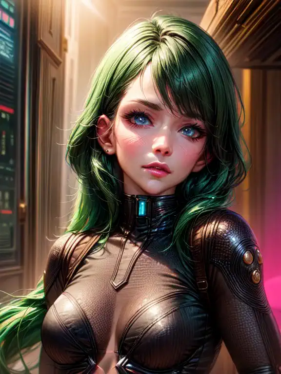 woman, realistic character, green hair with pink strands, blue eyes, anime, one, modern, cyberpunk