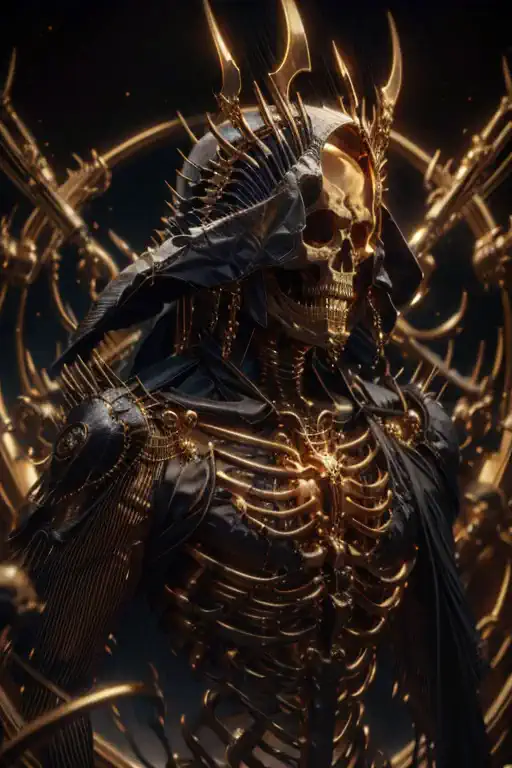 a vantablack skeleton with kintsugi intricate golden color intense details, concept art, trending on artstation, 8k high definit...