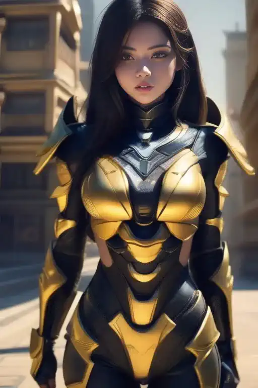 (high quality), (masterpiece), (detailed), 8k hyper-realistic depiction of a japanese girl clad in futuristic armor inspired by ...