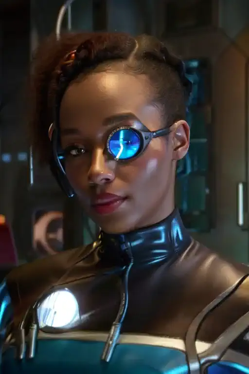 black woman wearing blue sttldunf uniform,veins,borg,eyepatch,cable,luma,rosalina,detailed face,detailed eyes,detailed lips,meta...