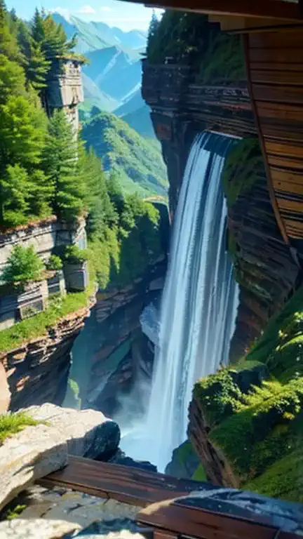 beautiful images，a breathtaking picture of a waterfall cascading down a mountain range.、a quaint house built on a vertical cliff...