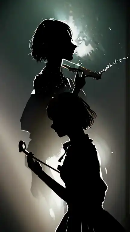 silhouette female violinist, victorian dress, sorrow splash paint art style. image in epic silhouette.