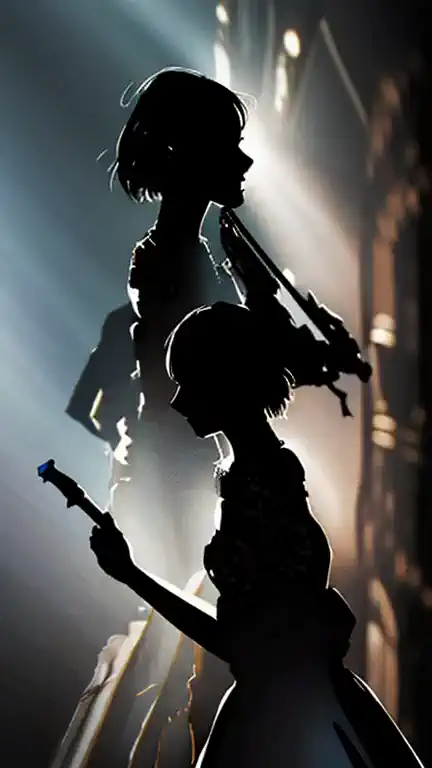 silhouette female violinist, victorian dress, sorrow splash paint art style. image in epic silhouette.