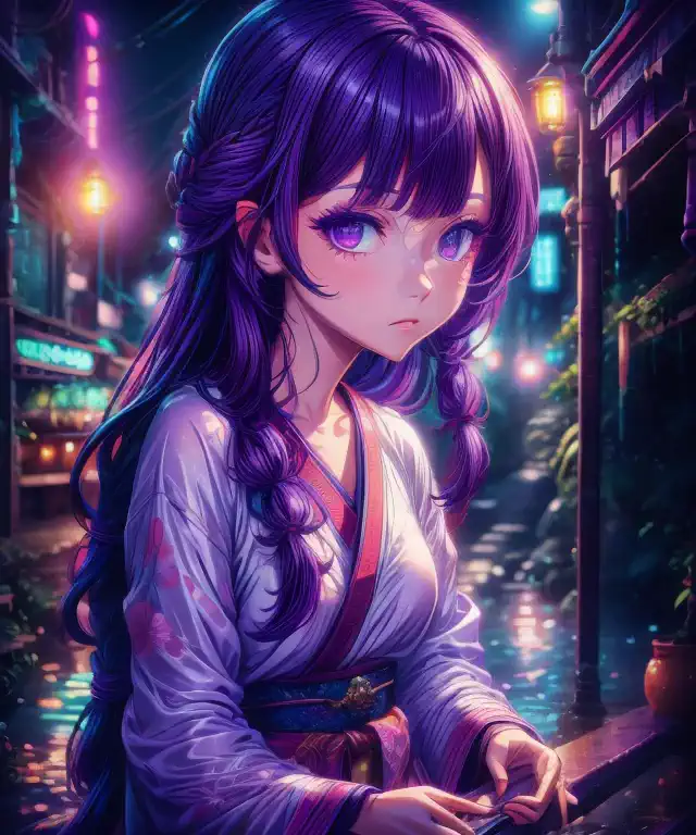 1girl, blunt bangs, braid, wide sleeves, hair ornament, japanese clothes, red obi, (purple hair:1.2), very long hair, straight h...