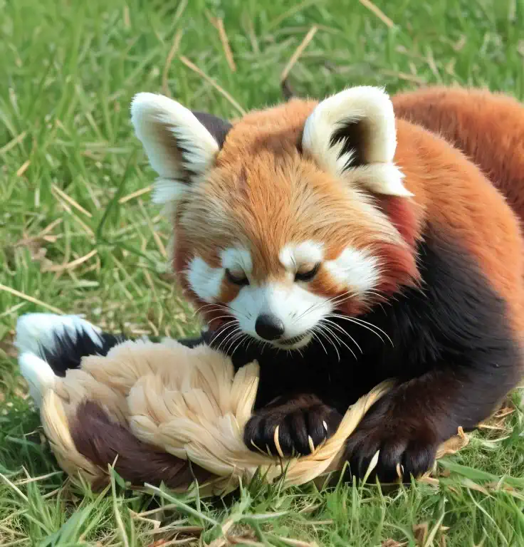 red panda lying on the fluffy grass、place your hands under your head、close your eyes、she seems to be having a happy dream..。laug...