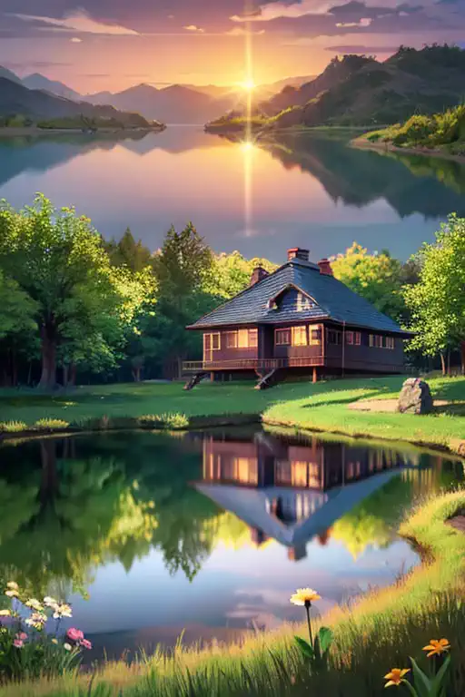 the house in the forest by the small lake at the side of the house with the mountain and flowers in the sunset