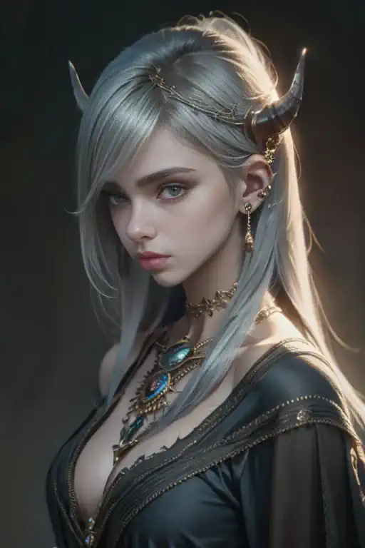 ancient, noble demon, vivian, silver hair, rings, female creature, prehistoric era, heiress, extremely realistic shading, master...