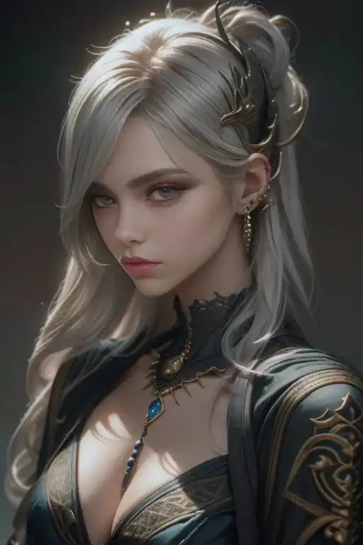 ancient, noble demon, vivian, silver hair, rings, female creature, prehistoric era, heiress, extremely realistic shading, master...