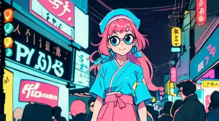 vivid and bright colors, mainly pastel and neon colors、inspired by the streets and fashion of japan in the 1980s、skyscrapers and...