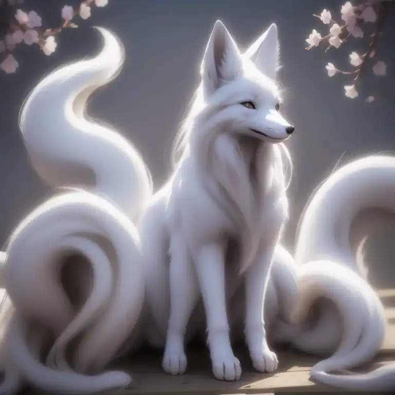 a white mystical fox, its coat shimmering with an ethereal glow, stands proudly before a blooming sakura tree. its body is adorn...