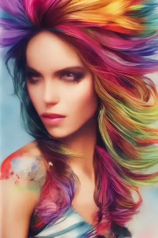 colorful, beautiful, handsome, chiseled features, illustrated, female, flowing hair, paint, ultra detailed, masterpeice